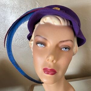 OPULENT 1950s' PURPLE HAT WITH SCALOPPED BRIM + LONG CURLED FEATHERS